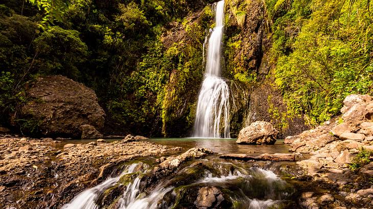 A waterfall cascading down rock face, New Zealand