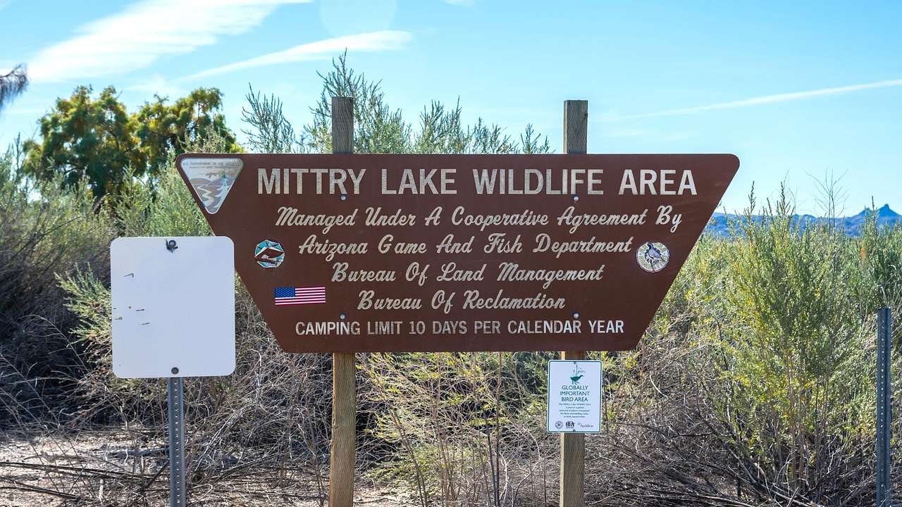 A sign that says "Mittry Lake Wildlife Area" surrounded by green plants