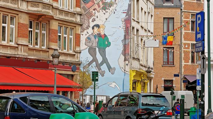 Tintin Mural Painting in Rue De Lombard in Brussels, Belgium