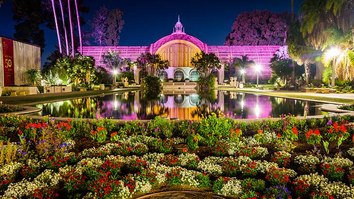 Glasshouse facing a pond in a garden with colorful flowers and plants at night