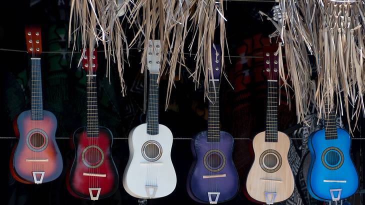 Colorful guitars hanging from a shop roof with brown dried leaves