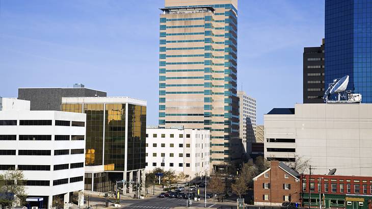 Cityscape with buildings against a clear blue sky Cityscape with buildings against a clear blue sky