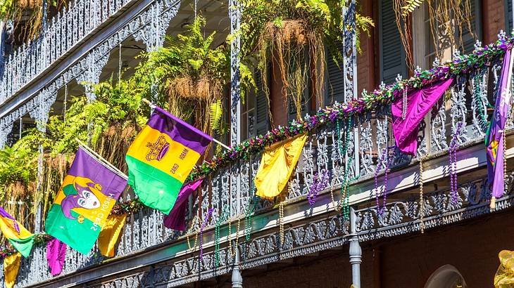 Ironwork galleries with green plants and decorations of purple "Mardi Gras" flags