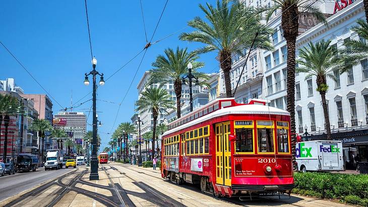 A red cable car on the street with palm trees against a white building