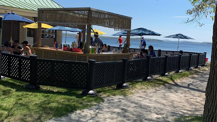 A beach, water, and restaurant, Burlington, Vermont, USA