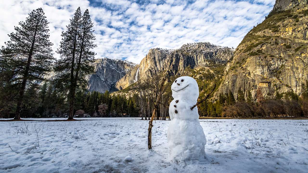 A snowman in a snowy field with mountains and trees in the background