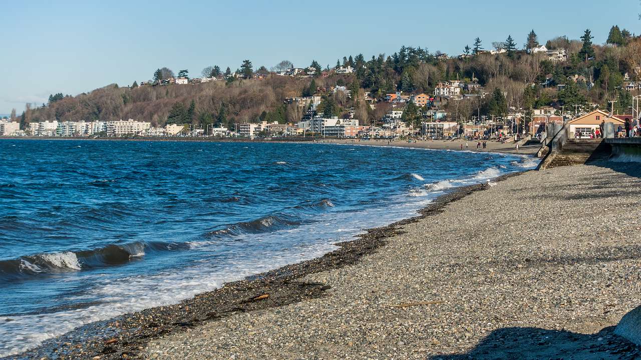 A beach with buildings and trees in the background