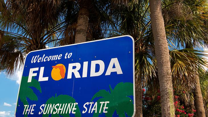 A sign with a green and white graphic on it "Welcome to Florida The Sunshine State"