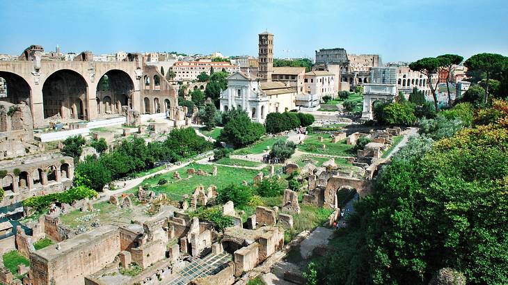 View from above the Roman Forum surrounded by ancient ruins