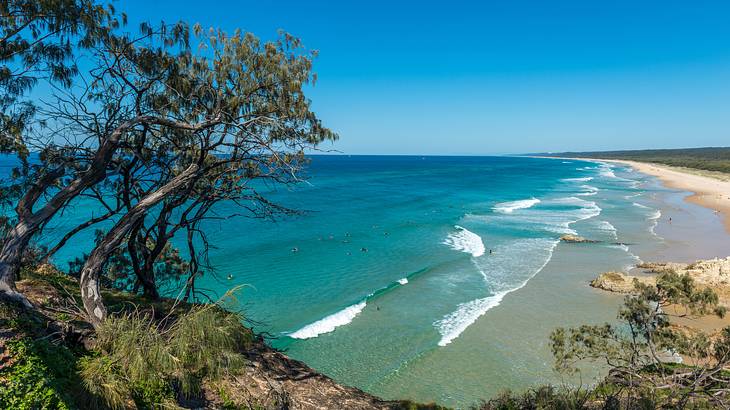 Stunning aerial view of a beach with green trees, white sand and blue water