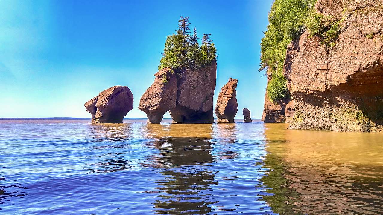 Stunning rock formations with trees on top during high tide on a sunny day