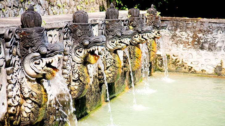 FIve statue heads on a wall spitting out water into a pool below