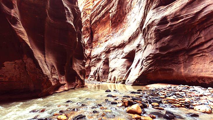 Water passing over rocks and through the tall sides of a narrow canyon