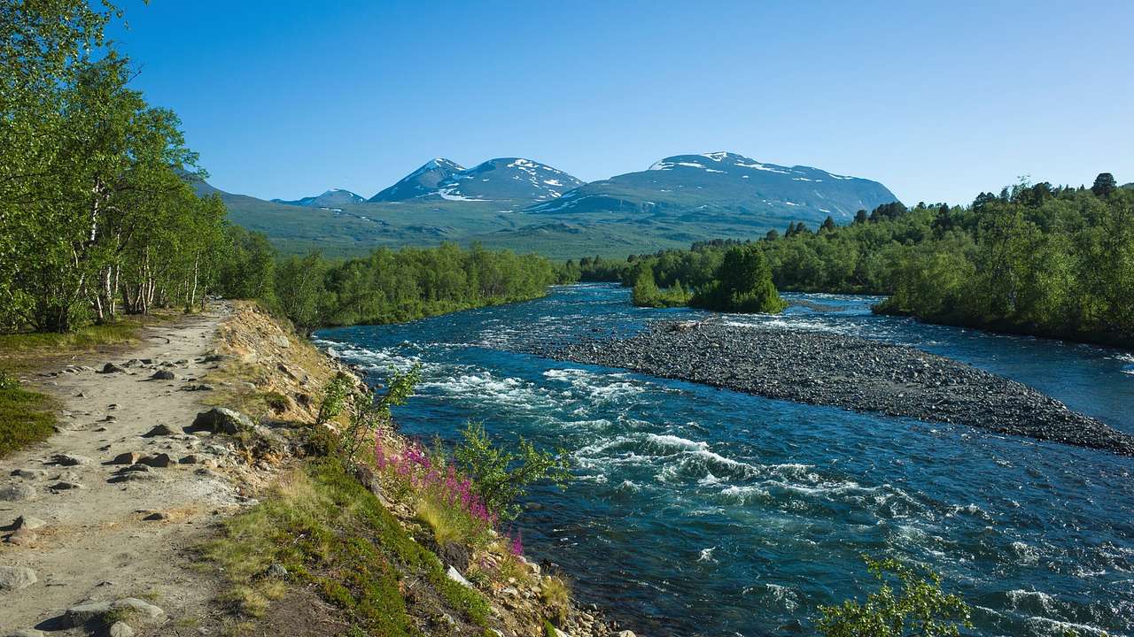 A view of a river next to a dirt bank and greenery with a mountain in the background