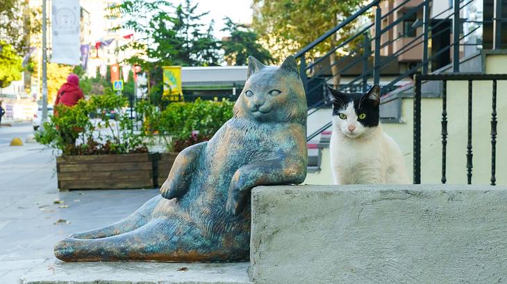 An oxidized statue of a reclining cat with a real black and white cat next to it