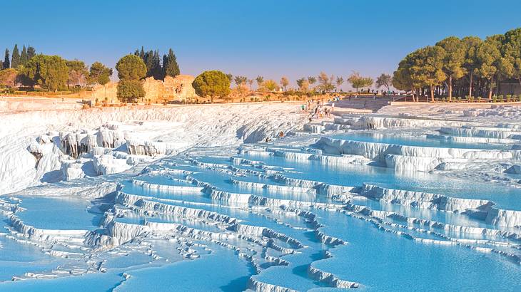 Travertine hot springs with snow and water next to green trees and a blue sky