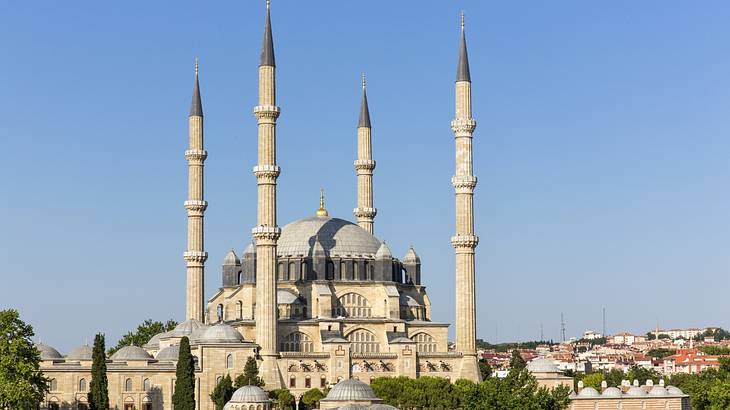 A large mosque with a dome and minarets next to trees and a blue sky