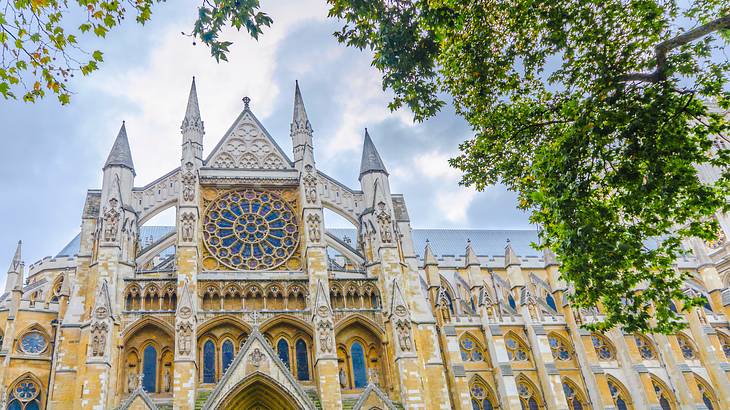 Wide angle shot of Westminster Abbey cathedral from below, London, UK