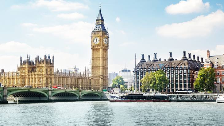 View of Big Ben and Houses of Parliament from across the canal, London, UK