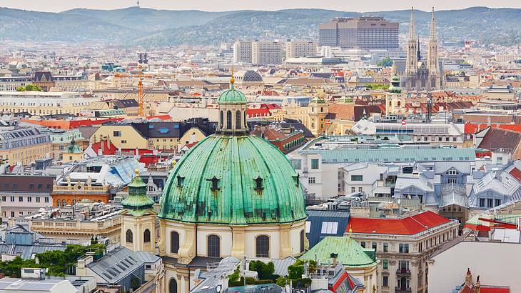 A view of a city with old European buildings A view of a city with old European buildings