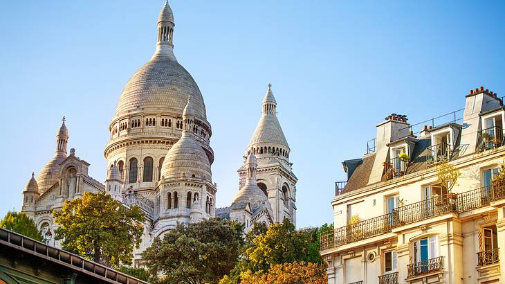 Domed building next to another building surrounded by trees under a sunny blue sky