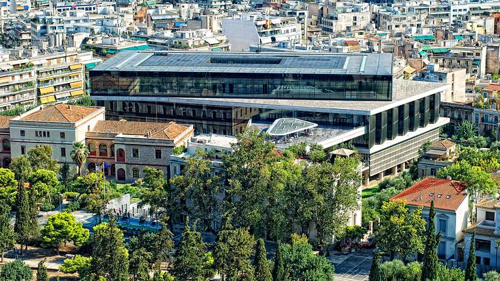View of the big Acropolis Museum from above, one of the famous Greek landmarks View of the big Acropolis Museum from above, one of the famous Greek landmarks