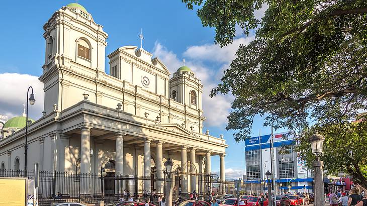 Front view of a church entrance with columns facing a row of red cars and greenery