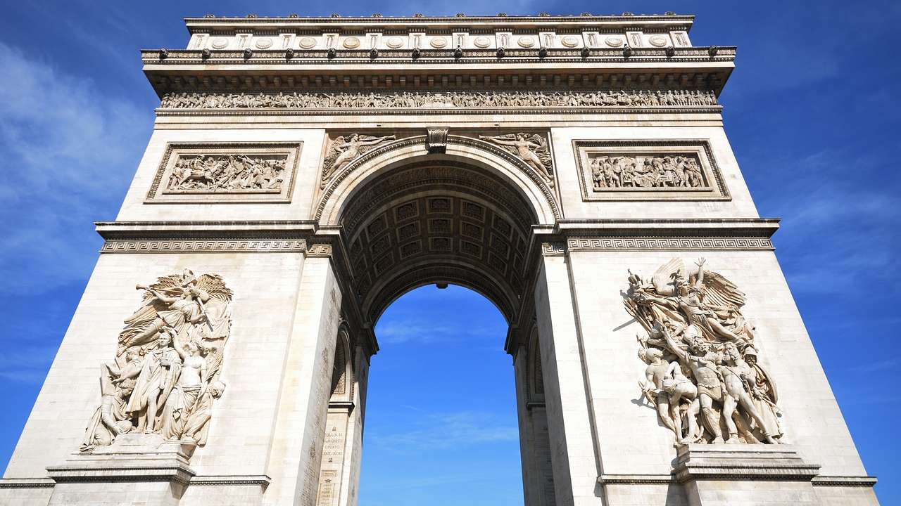 Arc de Triomphe on a fine day, standing tall against a clear blue sky