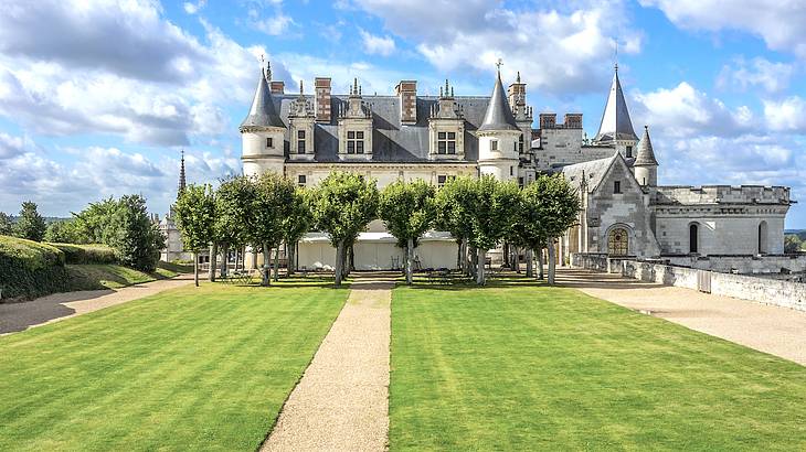 Château Royal d'Amboise under a cloudy blue sky facing trees and a manicured lawn