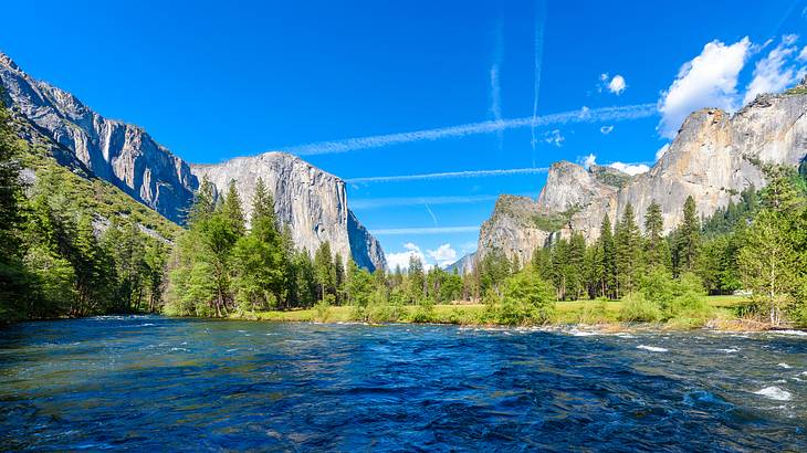 A body of water in front of rocky cliffs with trees and greenery at the base