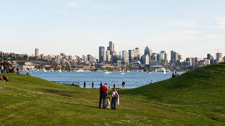 View of a lake and cityscape from behind a grassy hill on a clear day