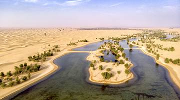 A large body of water with sparse greenery surrounded by a desert landscape