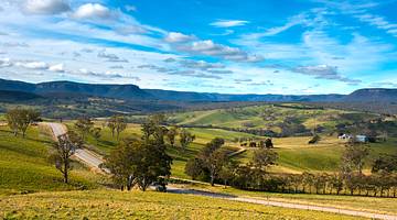 View of green grassy hills and trees, Oberon, Central Tablelands, NSW, Australia