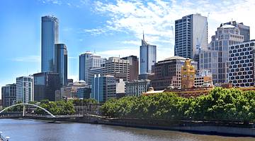 Melbourne CBD skyline along water, Victoria, Australia