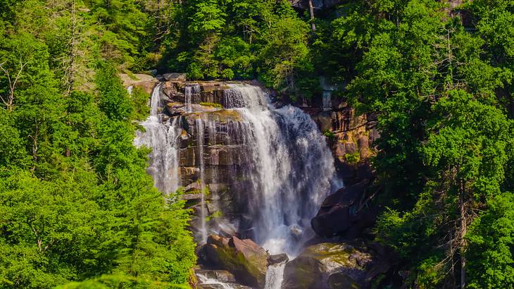 A cascading waterfall over rocks, surrounded by beautiful greenery A cascading waterfall over rocks, surrounded by beautiful greenery