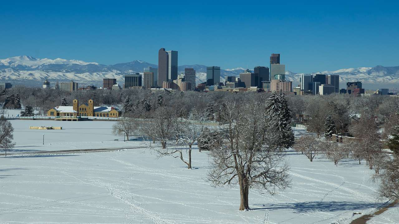 A snowy field with snow-tipped trees with buildings and mountains in the distance