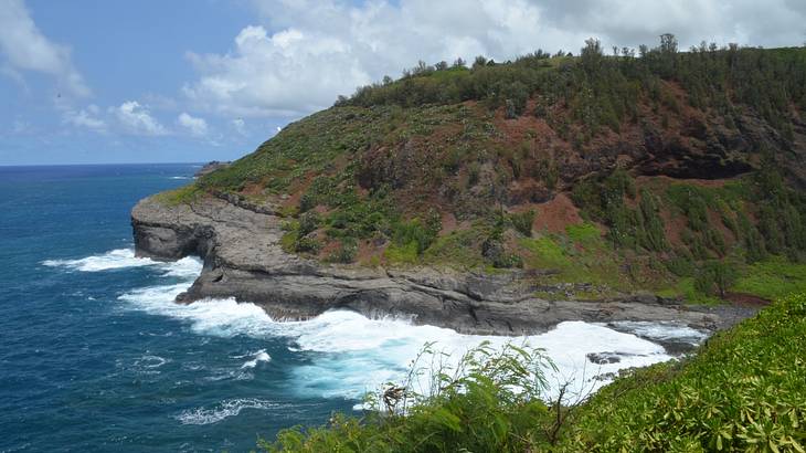 A greenery-covered mountain with the ocean crashing up against it