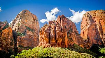 Red rock mountains with greenery in front of them under a blue sky