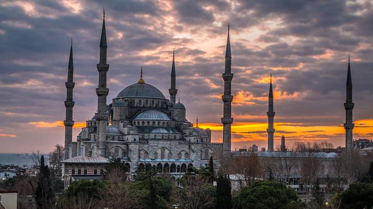 The sun setting behind the The Blue Mosque in Istanbul