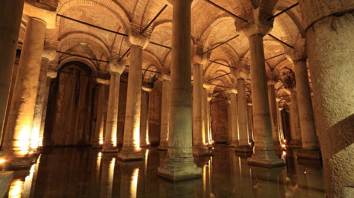 The interior pillars of the Basilica Cistern in Turkey