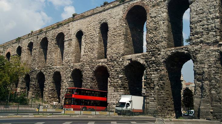 Valens Aqueduct as it extends over the road in Istanbul