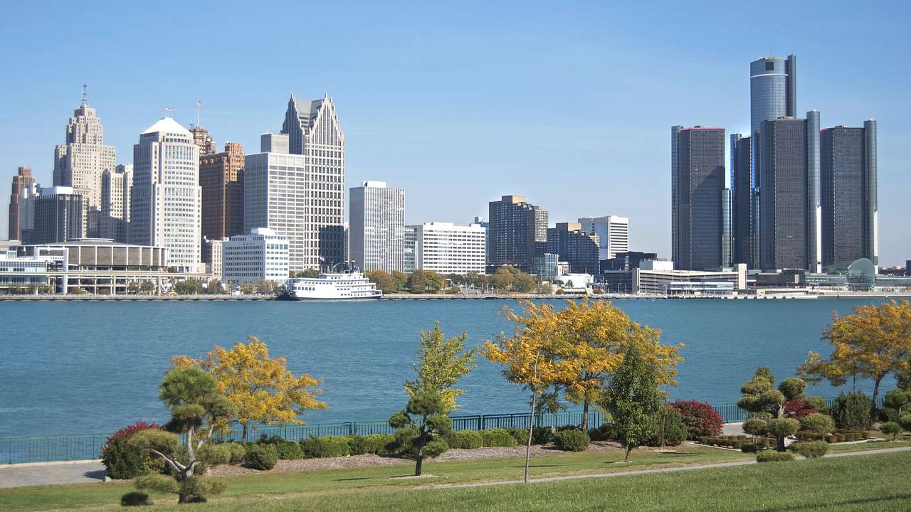 A view of a city skyline with skyscrapers next to a body of water, grass, and trees