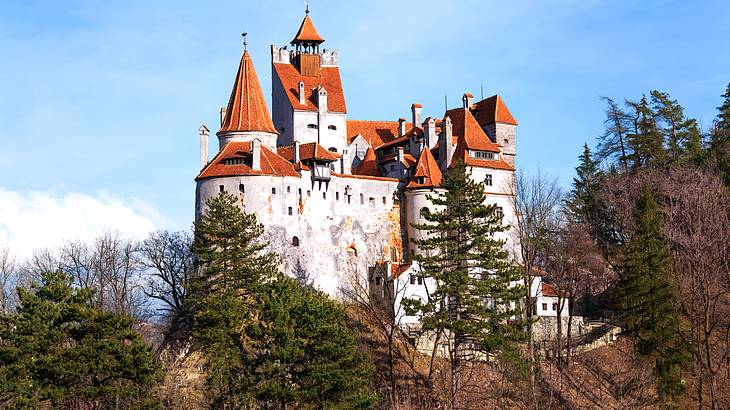 Romania vacation - A picture of a castle amongst trees during a sunny day, Romania