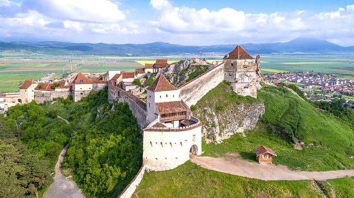 Tower and walls of a 13th-century citadel fortress in Rasnov, Transylvania, Romania