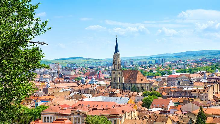 A view over building rooftops and green trees in a city, Romania