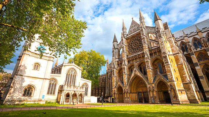 Side view of Westminster Abbey cathedral from below, London, UK