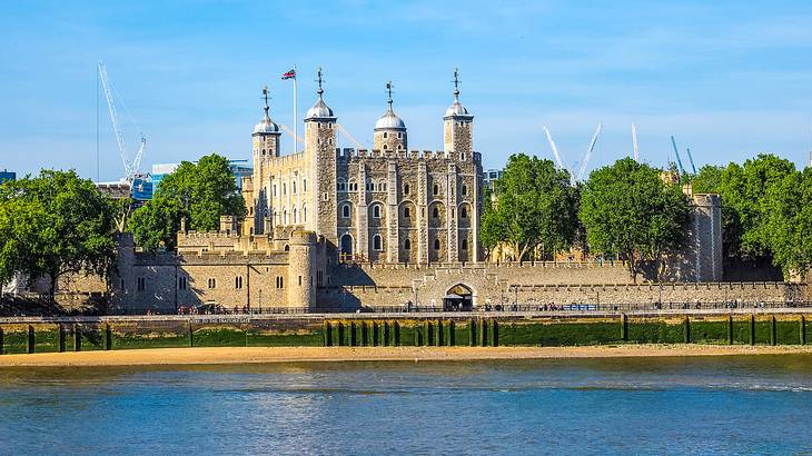 Tower of London from the bank of the Thames River, London, UK