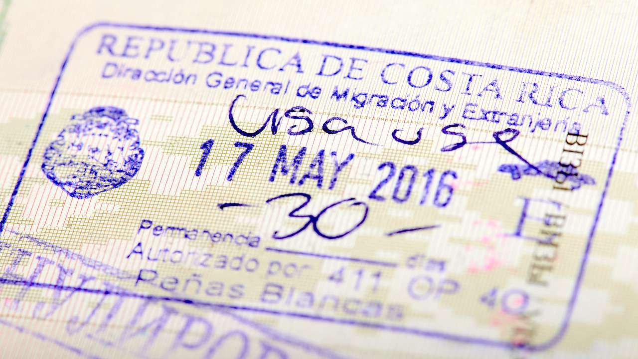 Close up of an arrival stamp for Costa Rica, on a passport page