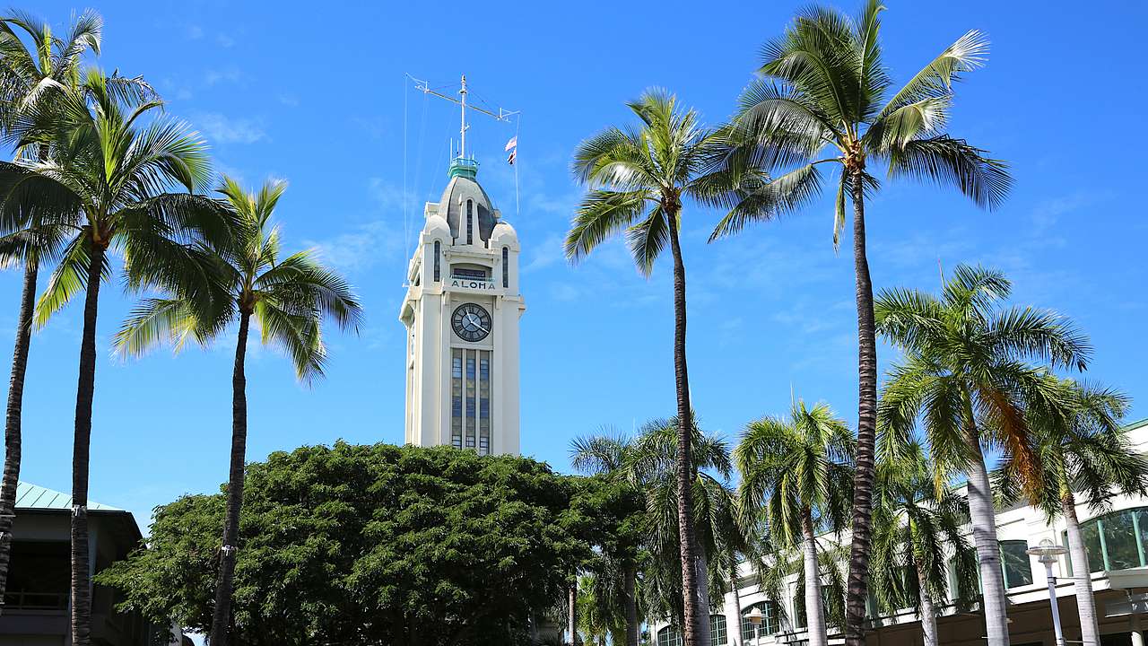 The tall white Aloha Tower is one of the famous landmarks in Oahu, Hawaii