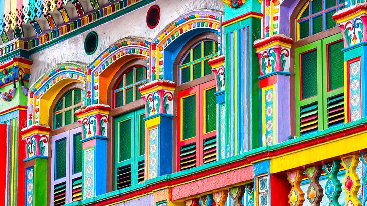 Colourful facade of a building in Little India, Singapore
